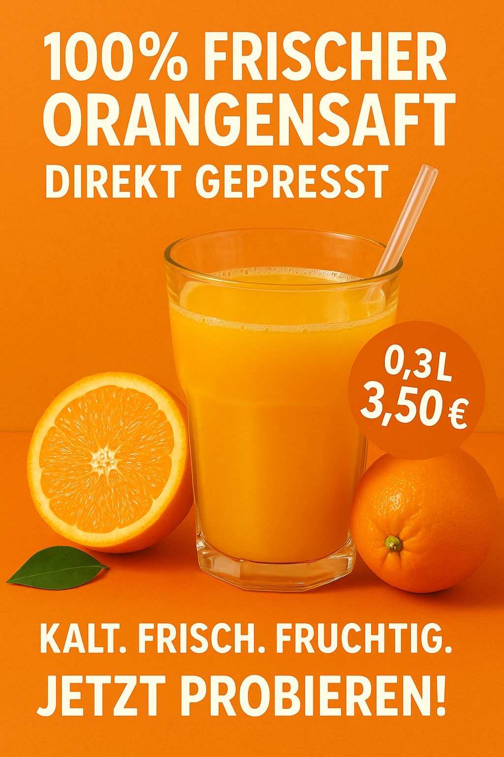 100% frischer Orangensaft, 0,3L für 3,50 Euro